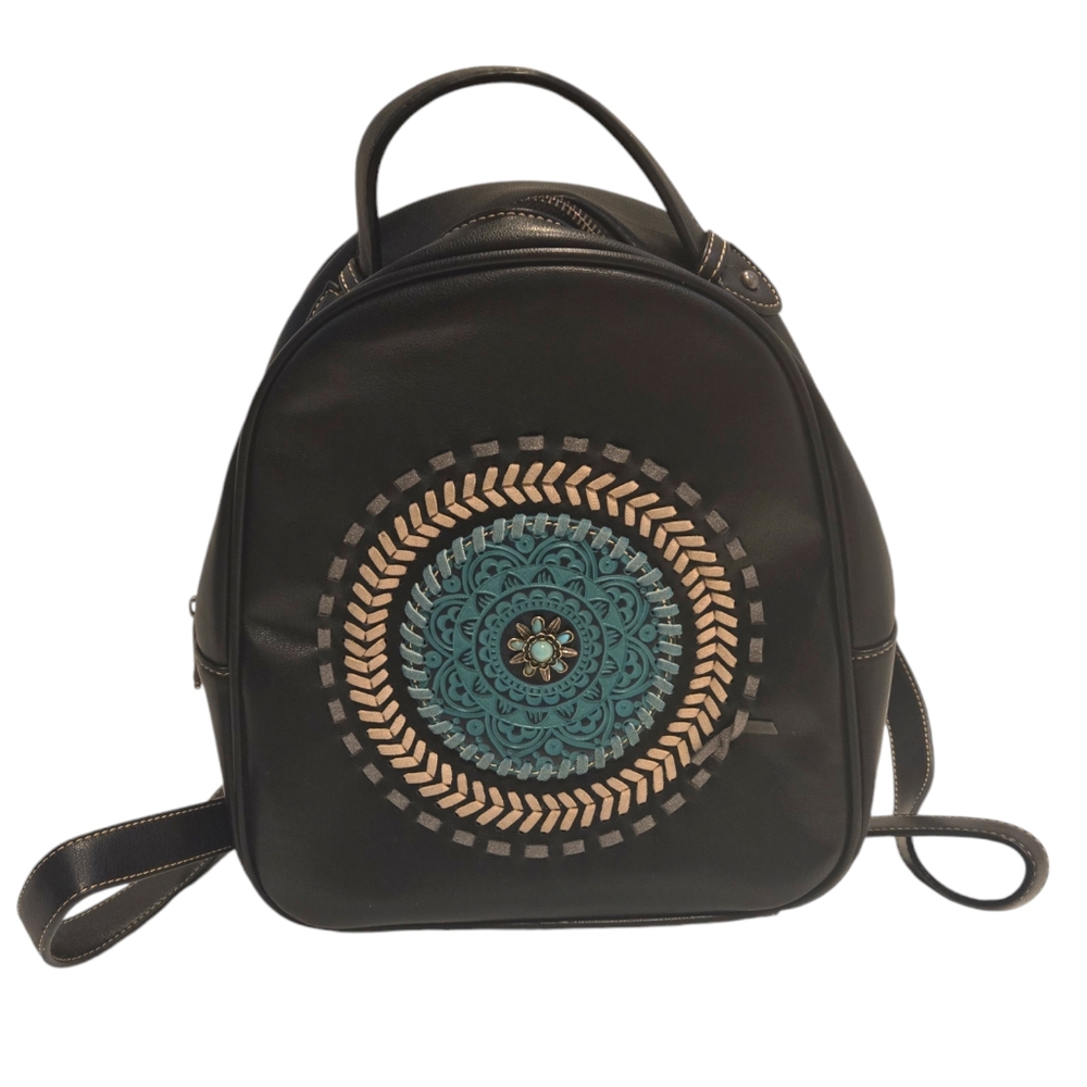 Trinity Ranch Black Backpack Turquoise Leather W/Stitching Silver Accent Center